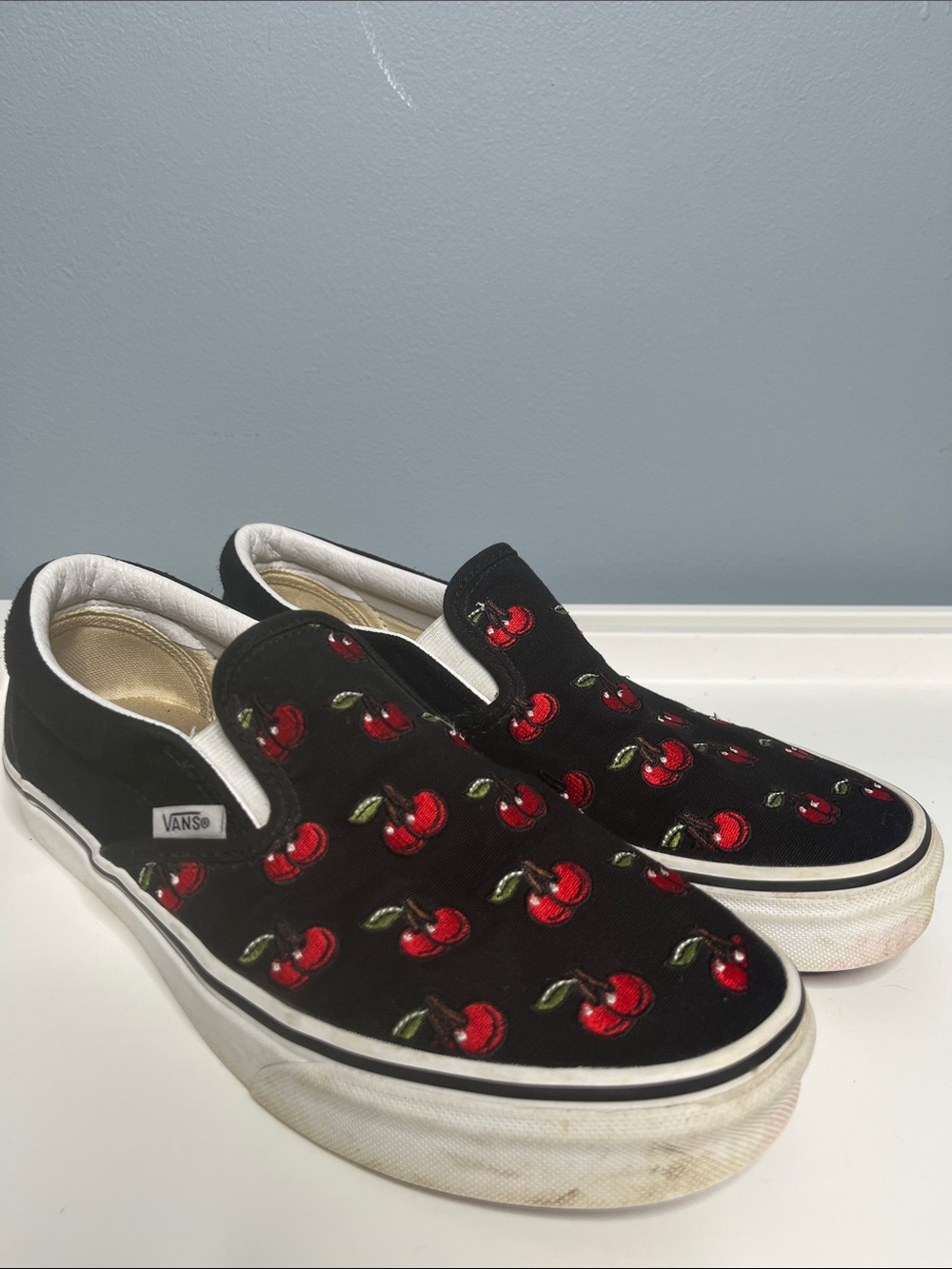 Vans Cherry Embroidered Black Slip-On Sneakers Size 8.5